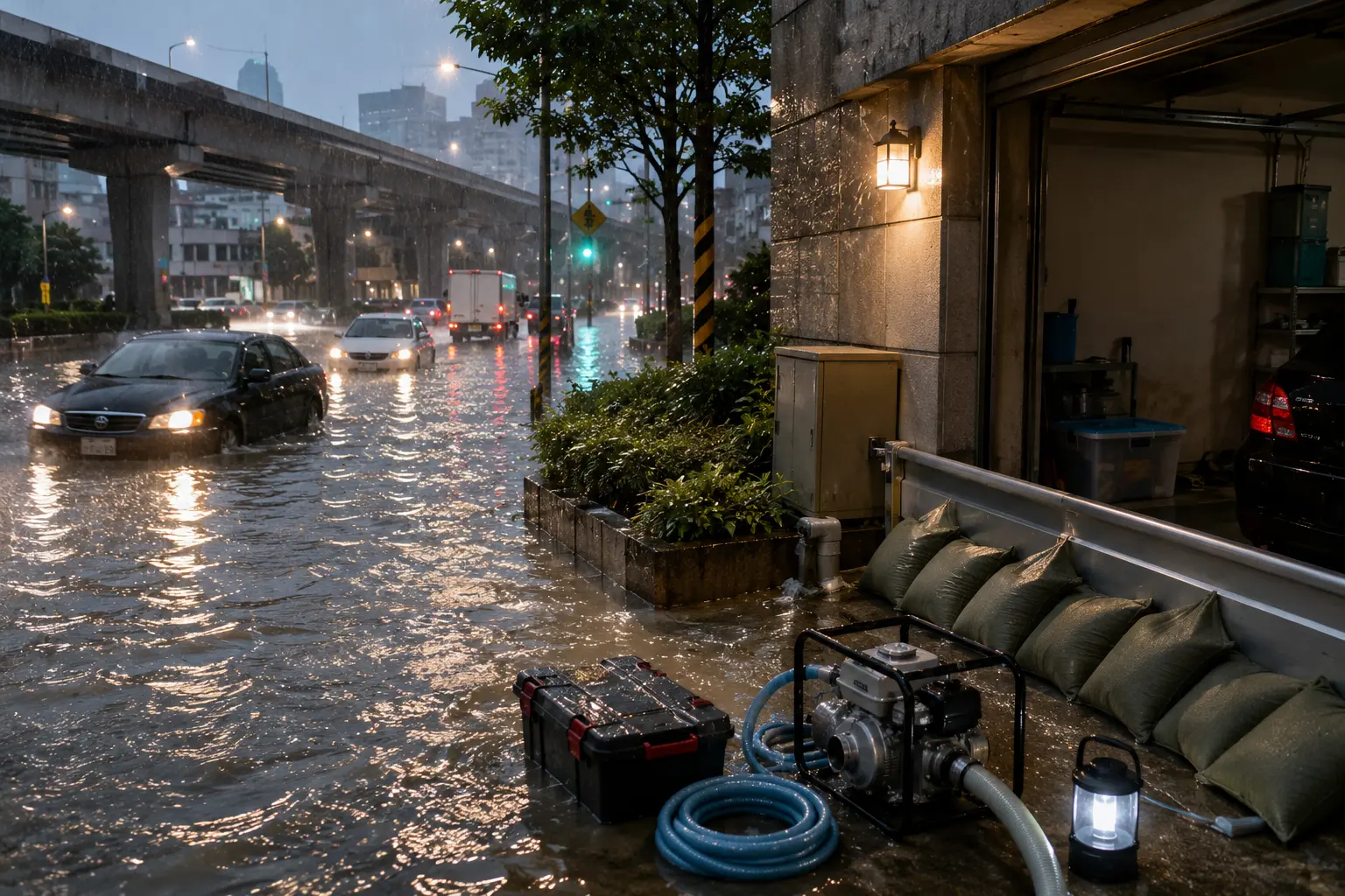 臺灣豪雨造成道路與住宅周邊積水，居民進行緊急應變